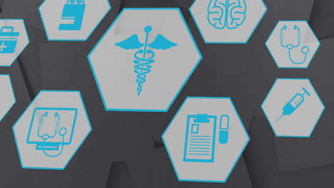 animación de múltiples iconos médicos que se mueven contra un fondo gris con textura.
