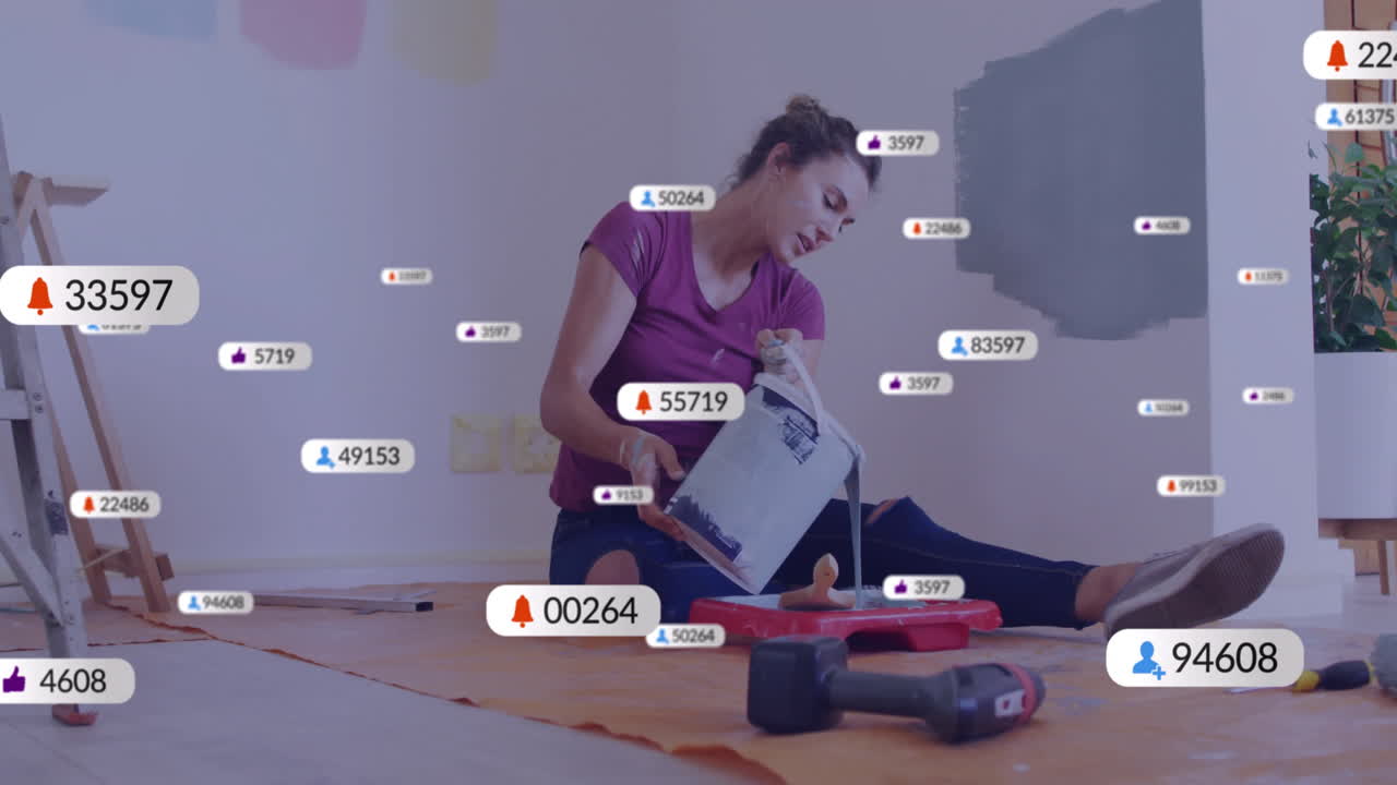 Painting wall, woman surrounded by animation of social media notifications