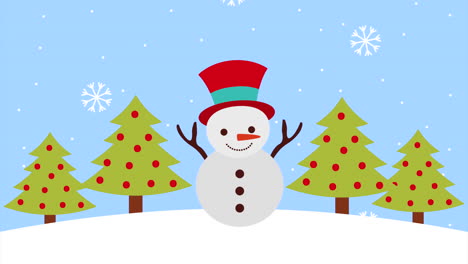feliz animación de navidad con el muñeco de nieve en el paisaje de nieve