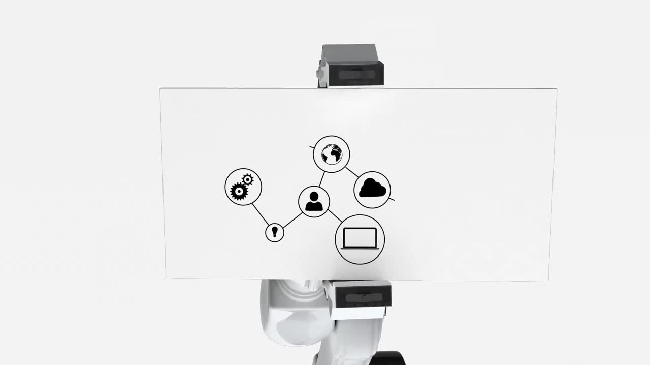 Digitally generated video of white robotic arm holding card with networking icon