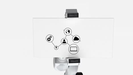 digitally generated video of white robotic arm holding card with networking icon