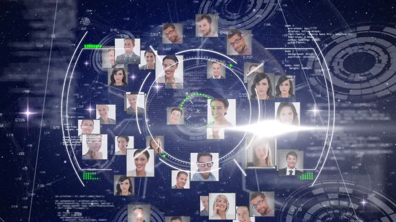 Animation of scopes scanning and network of connections with people's photographs