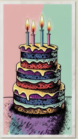 colorful pop art birthday cake with lit candles