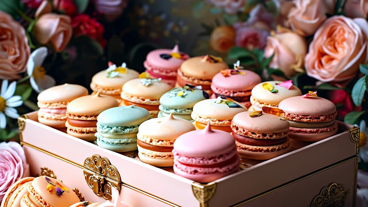 Macarons colorati disposti con fiori. I macarons sono disposti in una scatola circondata da diversi fiori. I colori dei macarons includono rosa, verde e arancione.