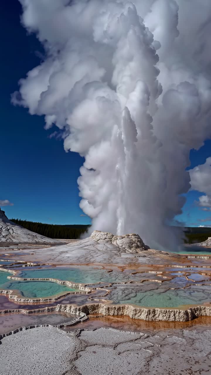 A dramatic low-angle shot captures a geyser erupting against a clear blue sky video