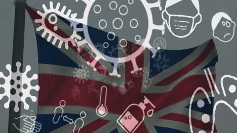 animation of covid 19 virus cells and digital icons over flag of uk
