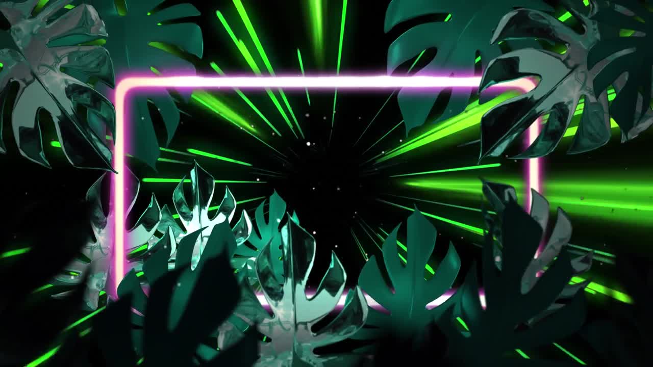 녹색 네온 빛 트레일과 검은색 배경에 잎을 가진 분홍색 프레임의 애니메이션