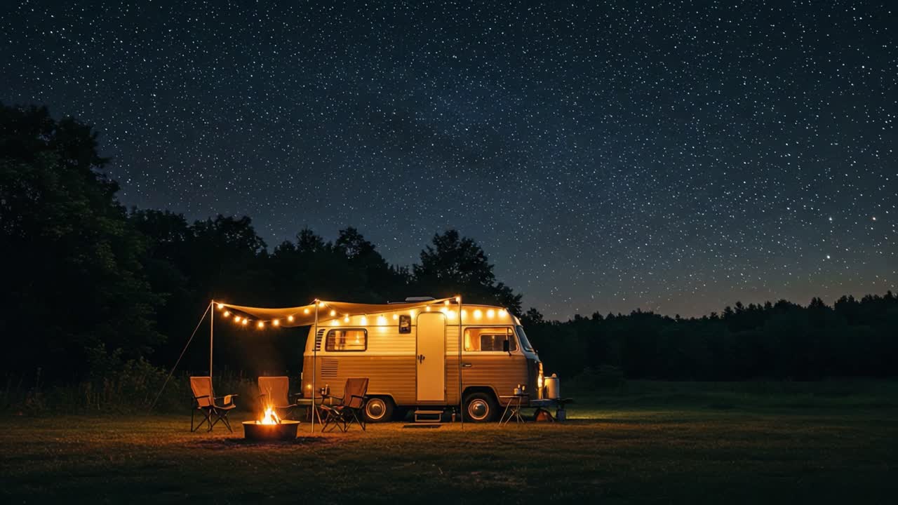 Cozy Camping Experience Under a Starry Sky: A Thematic Evening with a Vintage Camper, Glowing Lights, and a Warm Campfire Creating a Perfect Outdoor Atmosphere