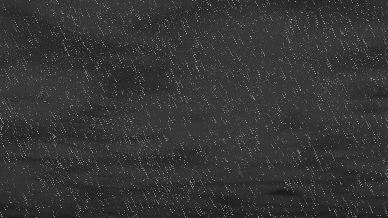 Rain effect, storm of white drops falling at an angle of 45 degrees with a foggy background on black. Includes Alpha channel. 3d animation