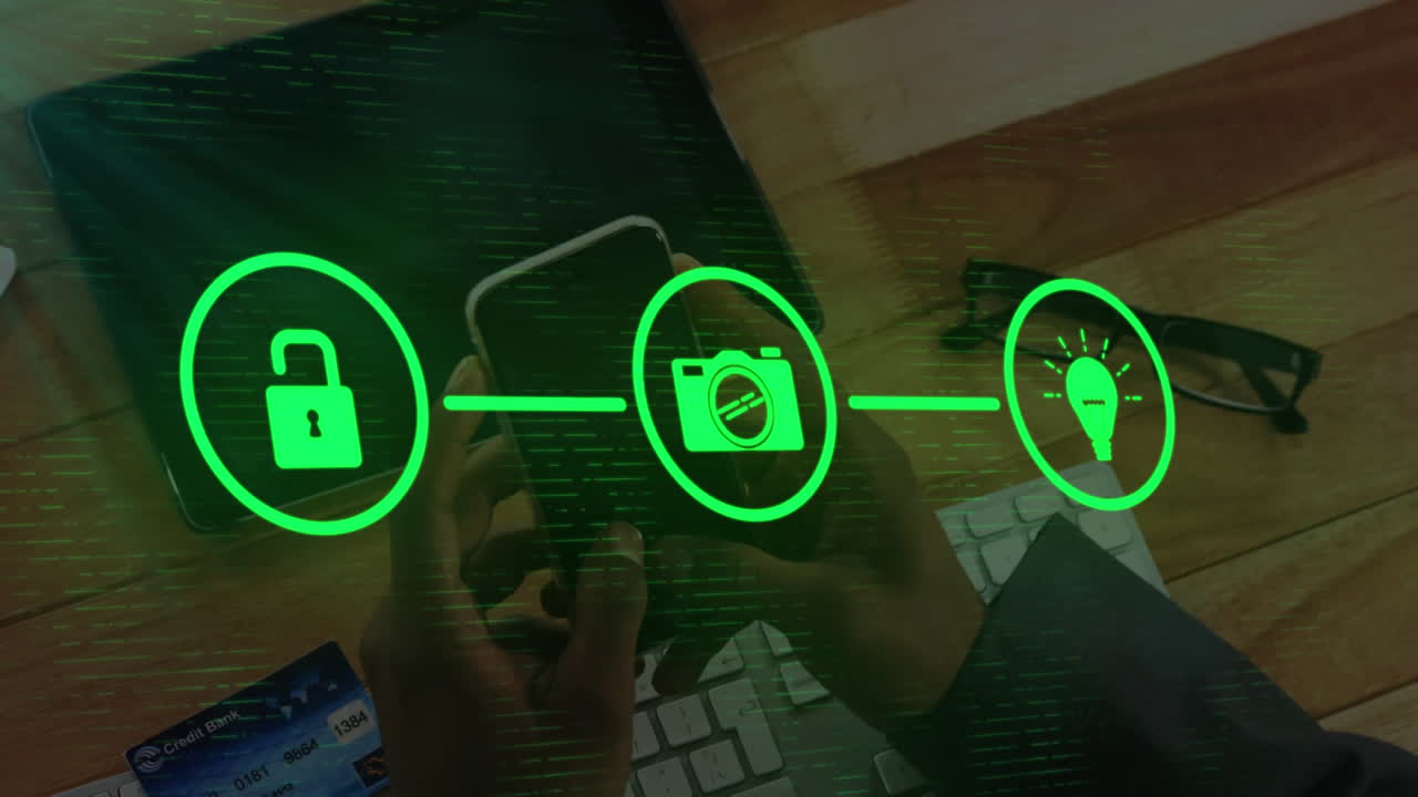 red de iconos de conexión contra la sección media del hombre que usa un teléfono inteligente