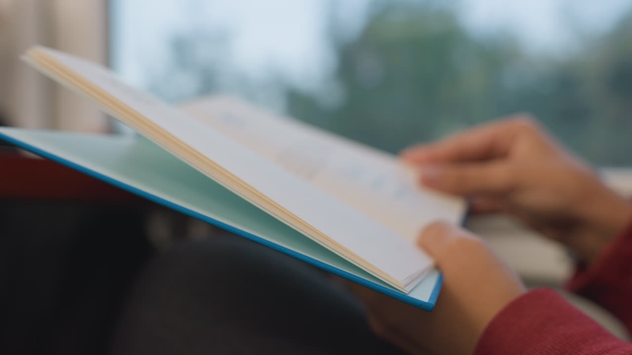 Mani che sfogliano pagine. Si cattura la tranquillità attraverso lo sfogliare le pagine di un libro. Scena serena di mani che girano le pagine con vista dal treno. Delicati movimenti delle mani mentre le pagine vengono sfogliate durante un tranquillo viaggio in treno.