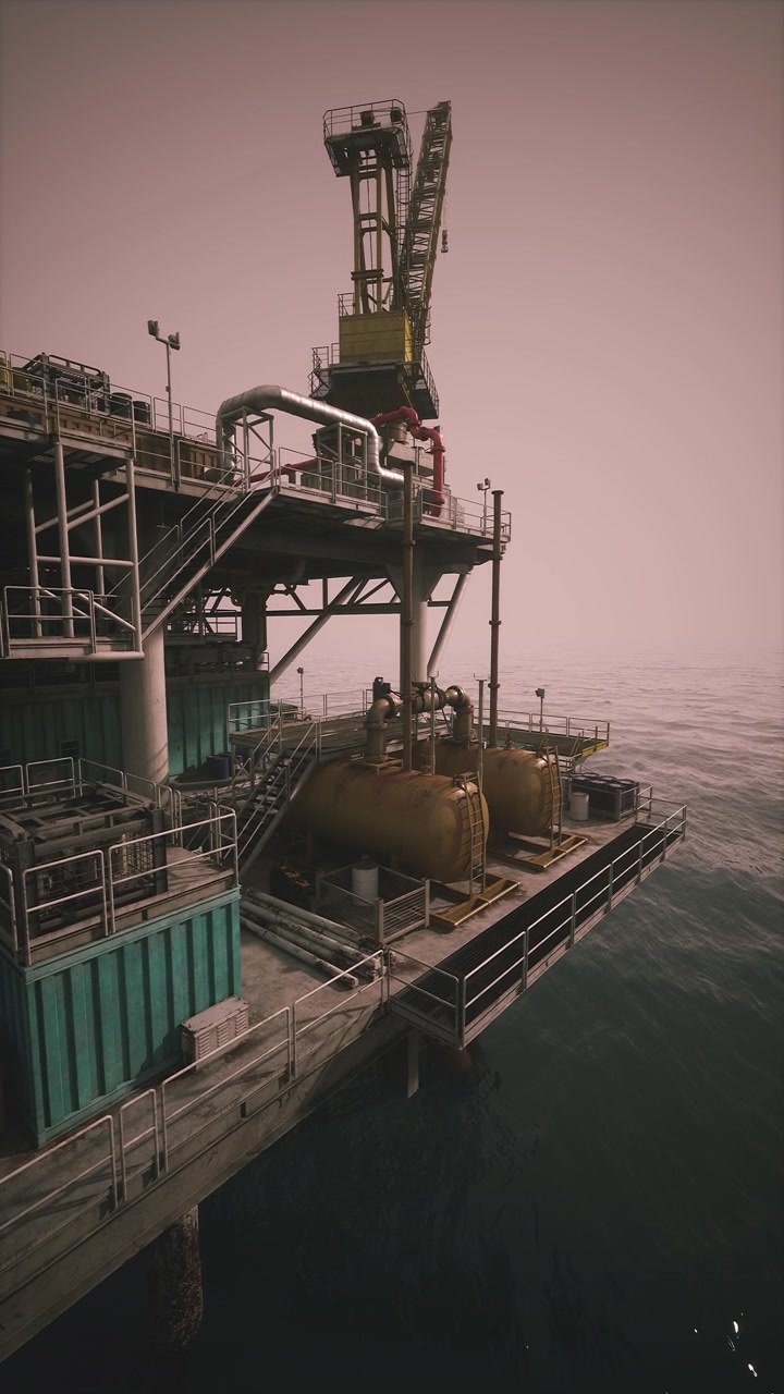 Oil rig standing tall against the calm ocean horizon at dusk