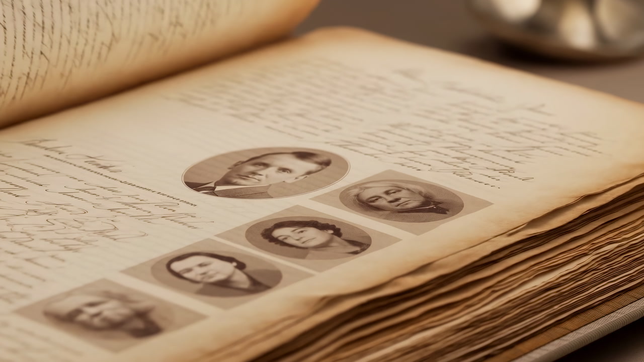 Sepia Photo Album Pages Reveal Portraits Of Ancestors And Handwritten Notes, Closeup Of Worn Paper Edges, Warm
