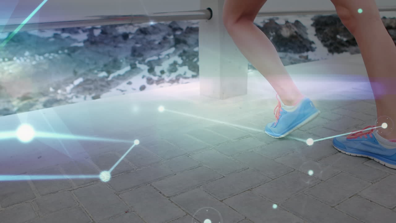 animación de líneas de red que conectan puntos, mujer caucásica haciendo ejercicio de estiramiento en el muelle en la playa