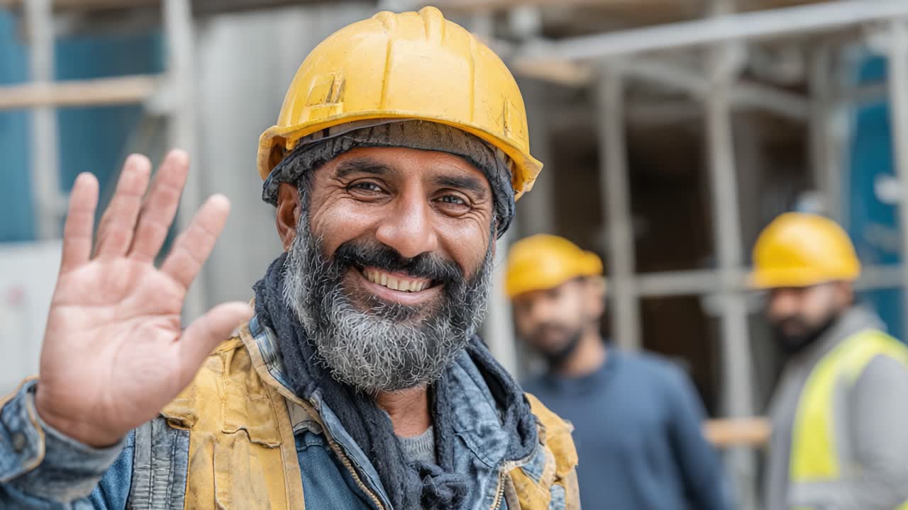 A cheerful construction worker smiles and waves at the camera, showcasing the camaraderie and positive spirit found on job sites with fellow colleagues in the background