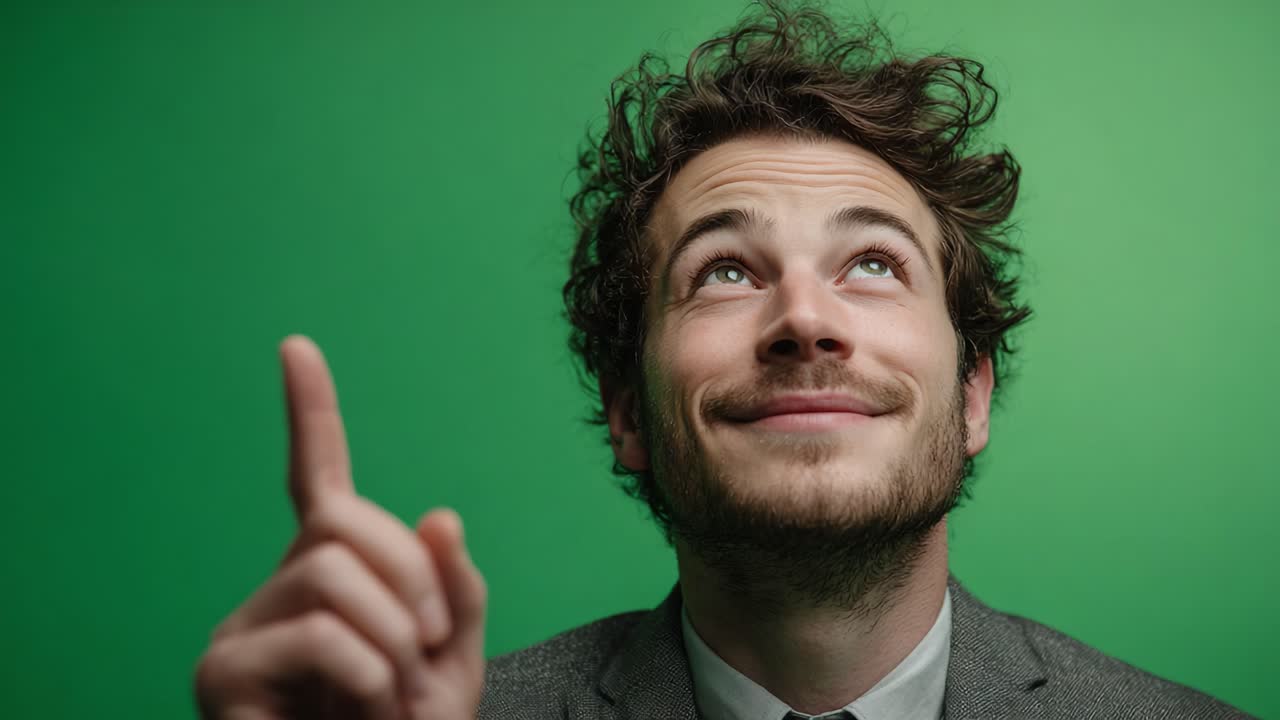 En mand i et jakkesæt udstråler selvtillid og positivitet, mens han gestikulerer opad med et smil, hvilket legemliggør et øjebliks inspiration mod en levende grøn baggrund