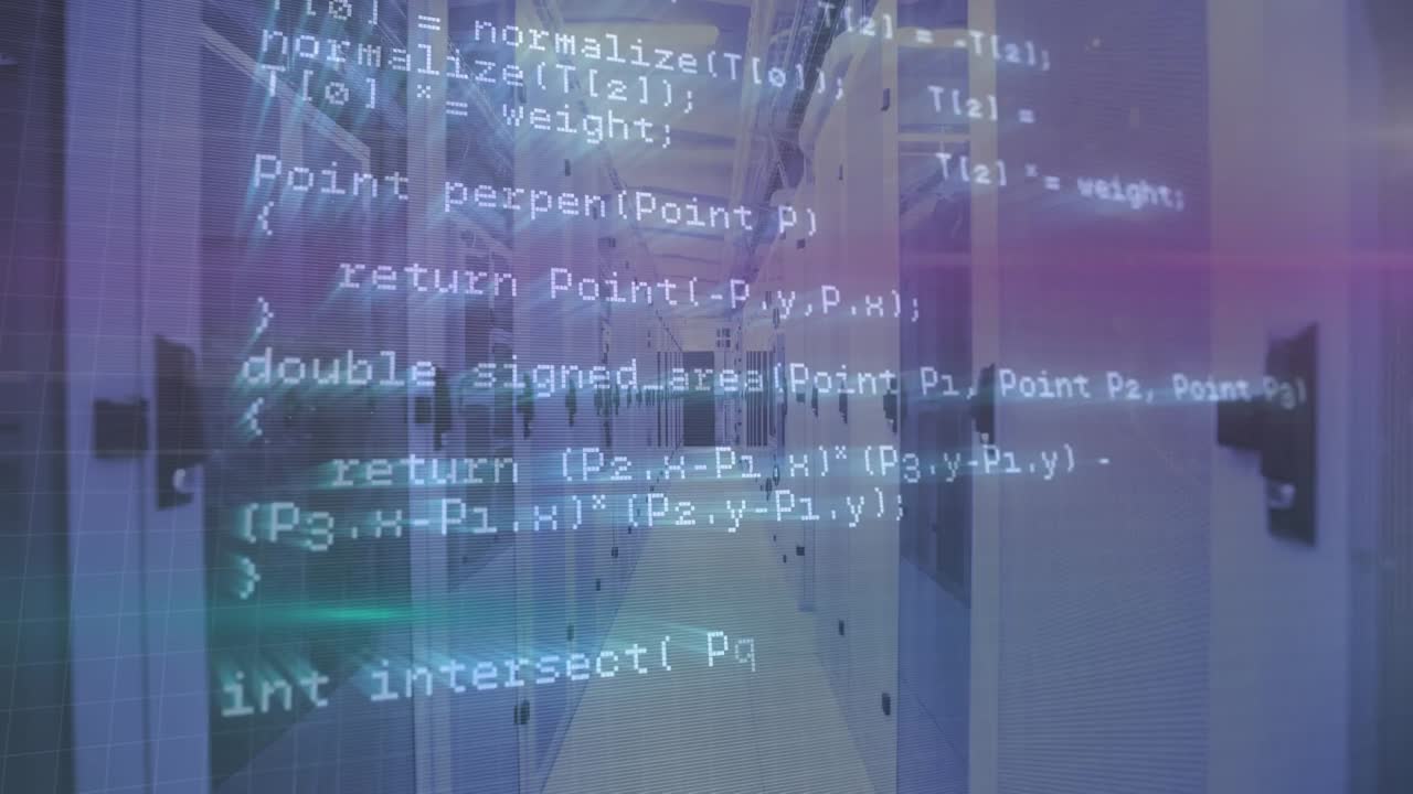 Animation of data processing against empty computer server room