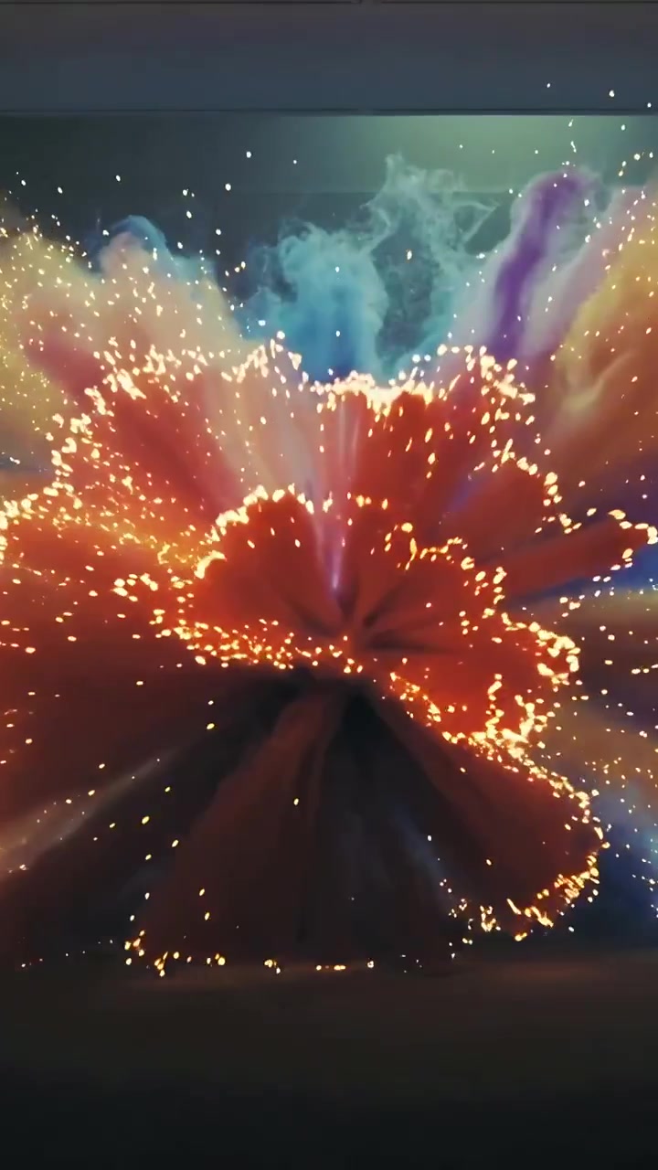 Vertical video: Emerging particle cloud causing unfolding into winged plumes in gallery with sparks