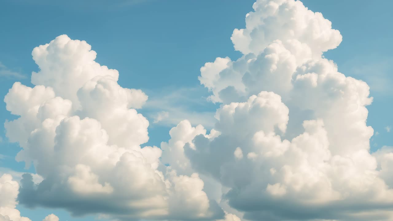 A serene video of fluffy white clouds against a blue sky, captured from a low angle