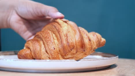 close up of a golden brown croissant on a plate