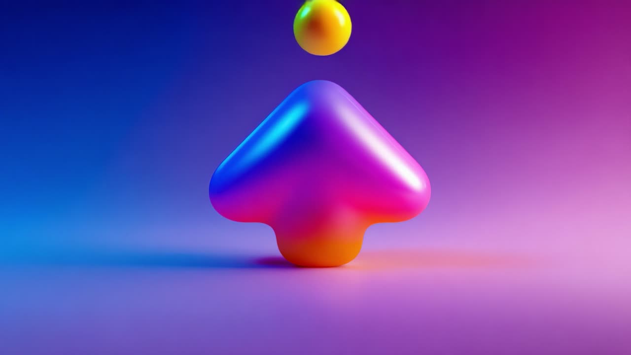 A Vibrant Abstract Representation of an Upside Down Arrow Icon Against a Dreamy Gradient Background, Featuring Smooth Textures and a Playful Color Palette of Pink, Purple, and Blue Hues