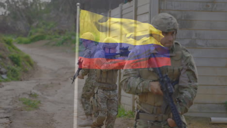 patrolling soldiers in camouflage gear with colombian flag animation overlay