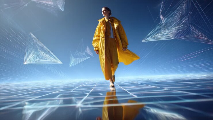 Uma figura futurista desliza por uma paisagem digital brilhante, exibindo reflexos vibrantes e padrões geométricos impressionantes, enquanto veste uma roupa amarela brilhante que contrasta com o sereno plano de fundo azul