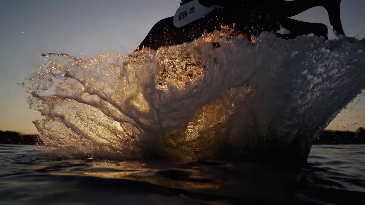 Horse splashing in water at sunset