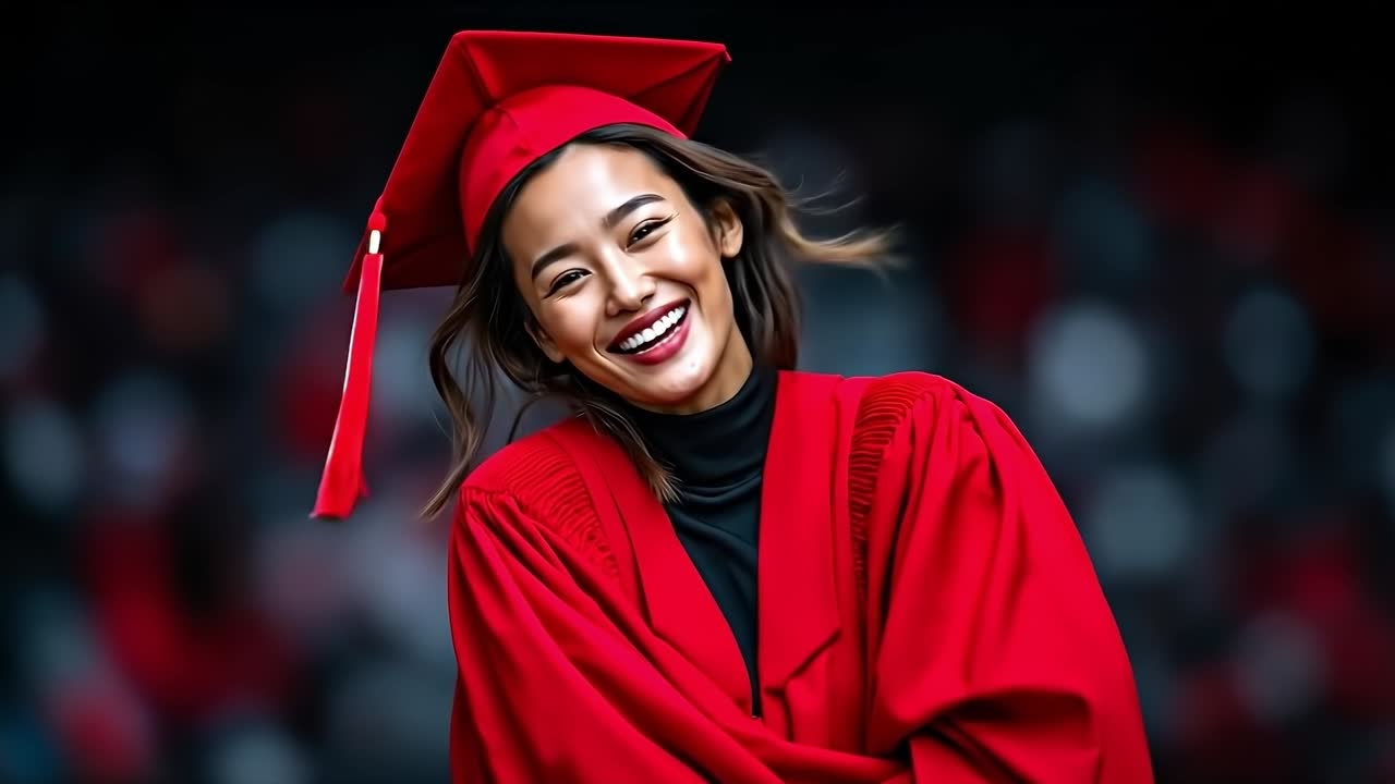 A woman in a red graduation cap and gown smiles at the camera