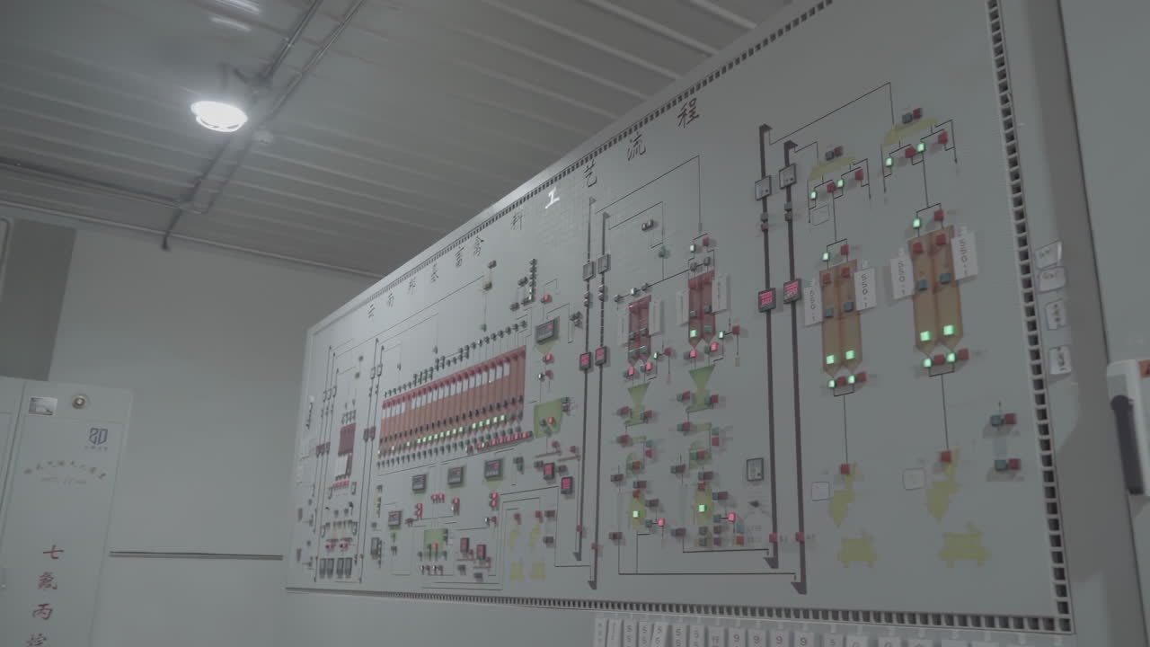 Switch controls on metal panel in production facility line showing push buttons and switches - emergency stop at factory, plant - close up. Industrial, electronic, technology equipment concept