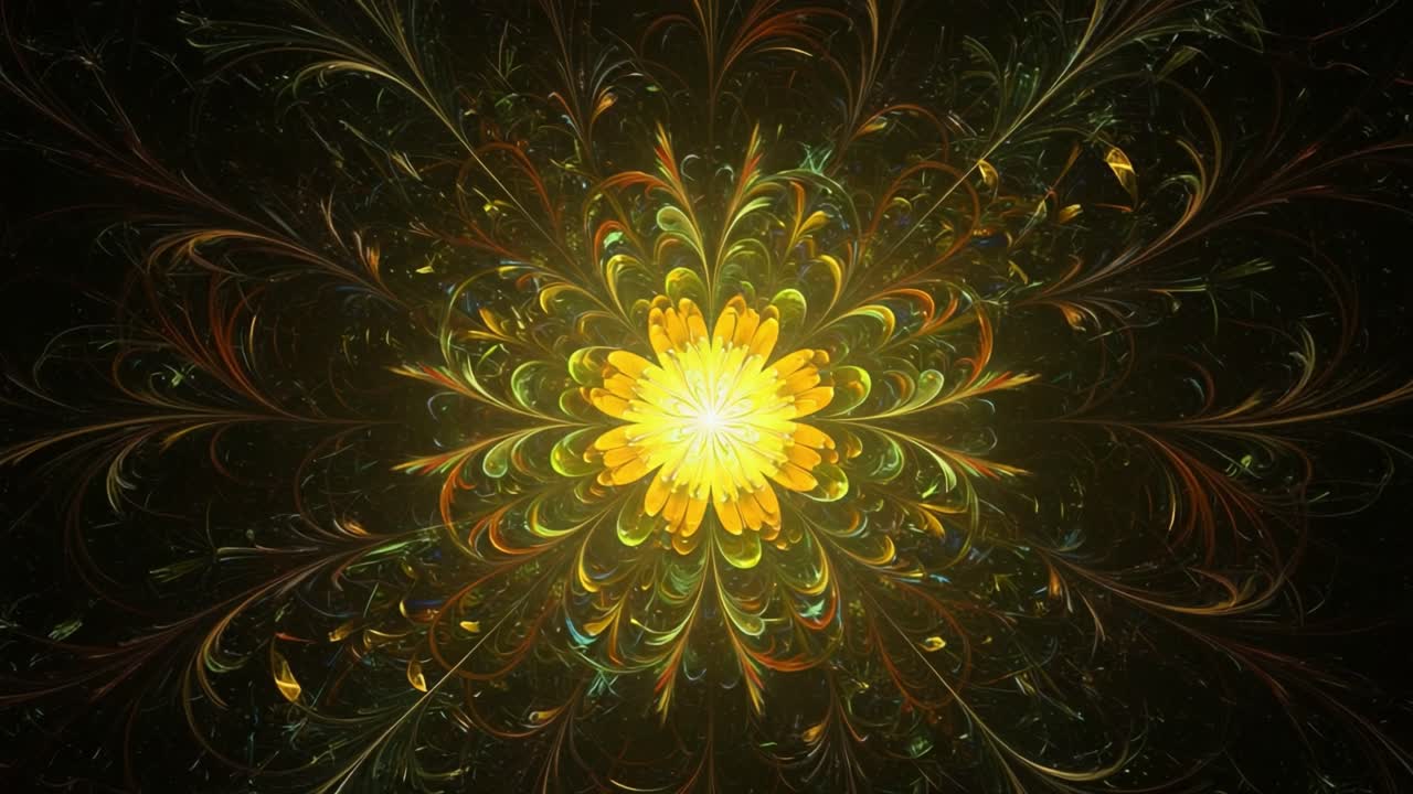 Vibrant Floral Fractal Design: A Stunning Display of Colors and Shapes in a Dark Background, Showcasing an Elaborate Symmetrical Bloom