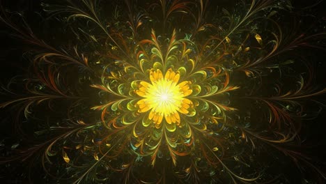 vibrant floral fractal design: a stunning display of colors and shapes in a dark background, showcasing an elaborate symmetrical bloom