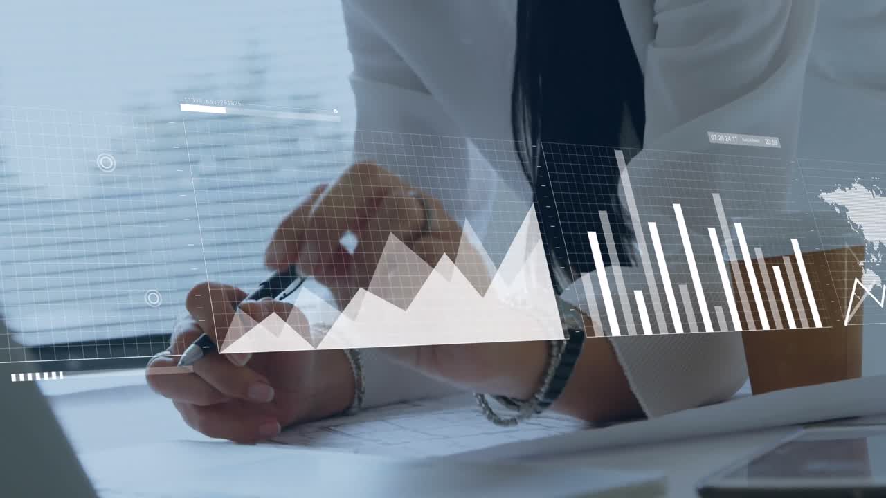 animación del procesamiento de datos estadísticos contra la sección media de un empresario que trabaja en un plan