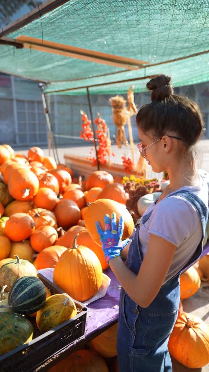 십대 소녀 가 가을 시장 에서 호박 을 수확 하고 있다