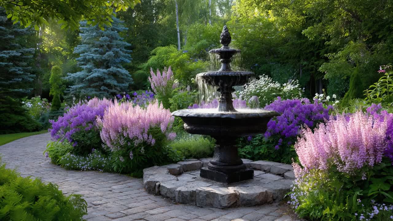 Paesaggio di giardino sereno con una maestosa fontana circondata da vivaci fiori viola e bianchi, che crea un pacifico rifugio all'aperto.