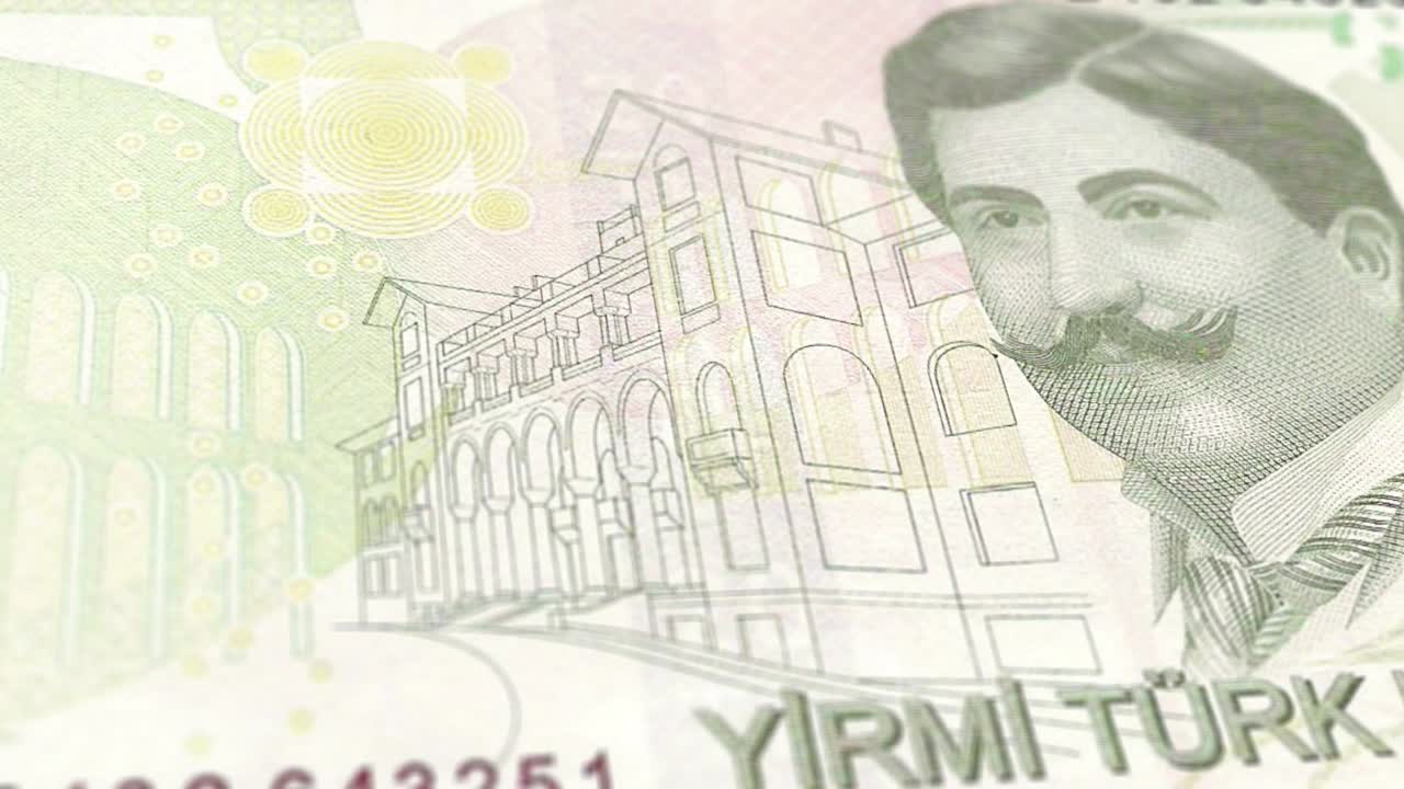 터키 리라 20 리라 지폐, 100 리라, 가까운 과 거시, 추적 및 도리, 5, 10, 20, 50, 100, 200 리라 터키 지폐 관찰 및 예비 측면, 터키 돈 화폐 배경, 루프 가능한 움직이는 이미지