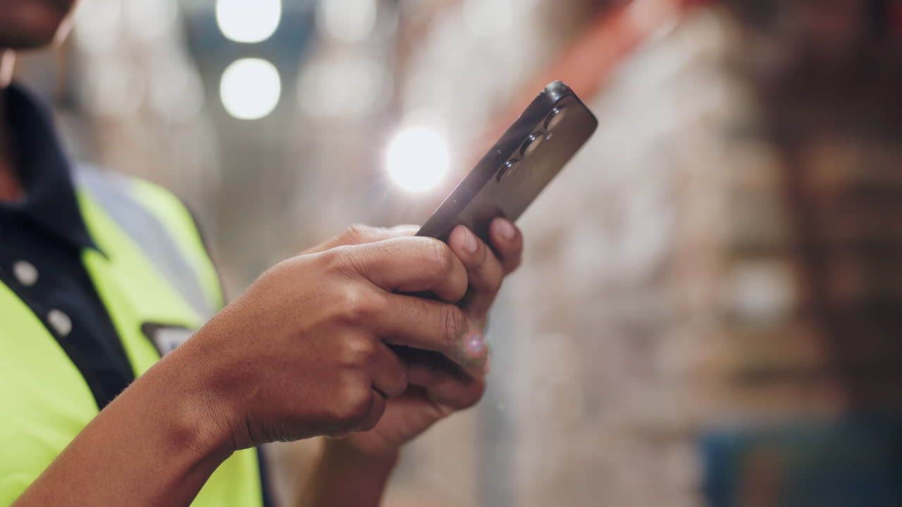 Person using a cellphone in a warehouse
