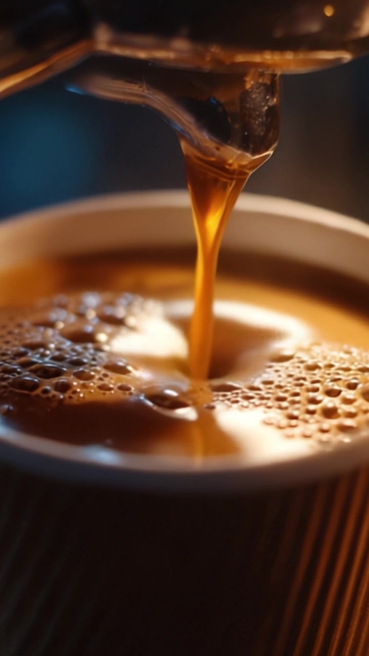 Rig aromatisk bryg: Et nærbillede af brygget kaffe, der hældes i en kop med cremet skum og bobler, der fanger essensen af morgenritualer.