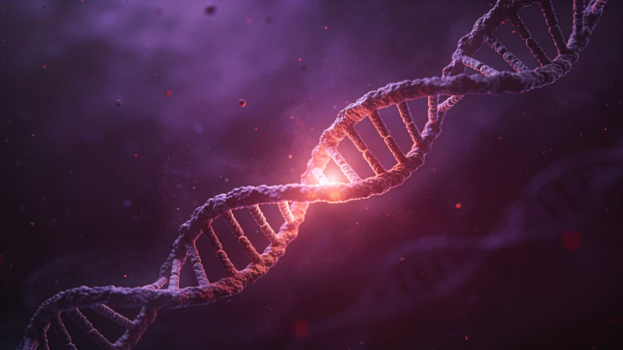 Elica di DNA rotante in una foschia viola che reagisce a un bagliore centrale pulsante, illuminandosi mentre la telecamera si avvicina.