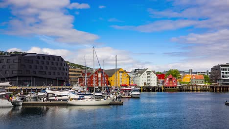 View-of-a-marina-in-Tromso,-North-Norway