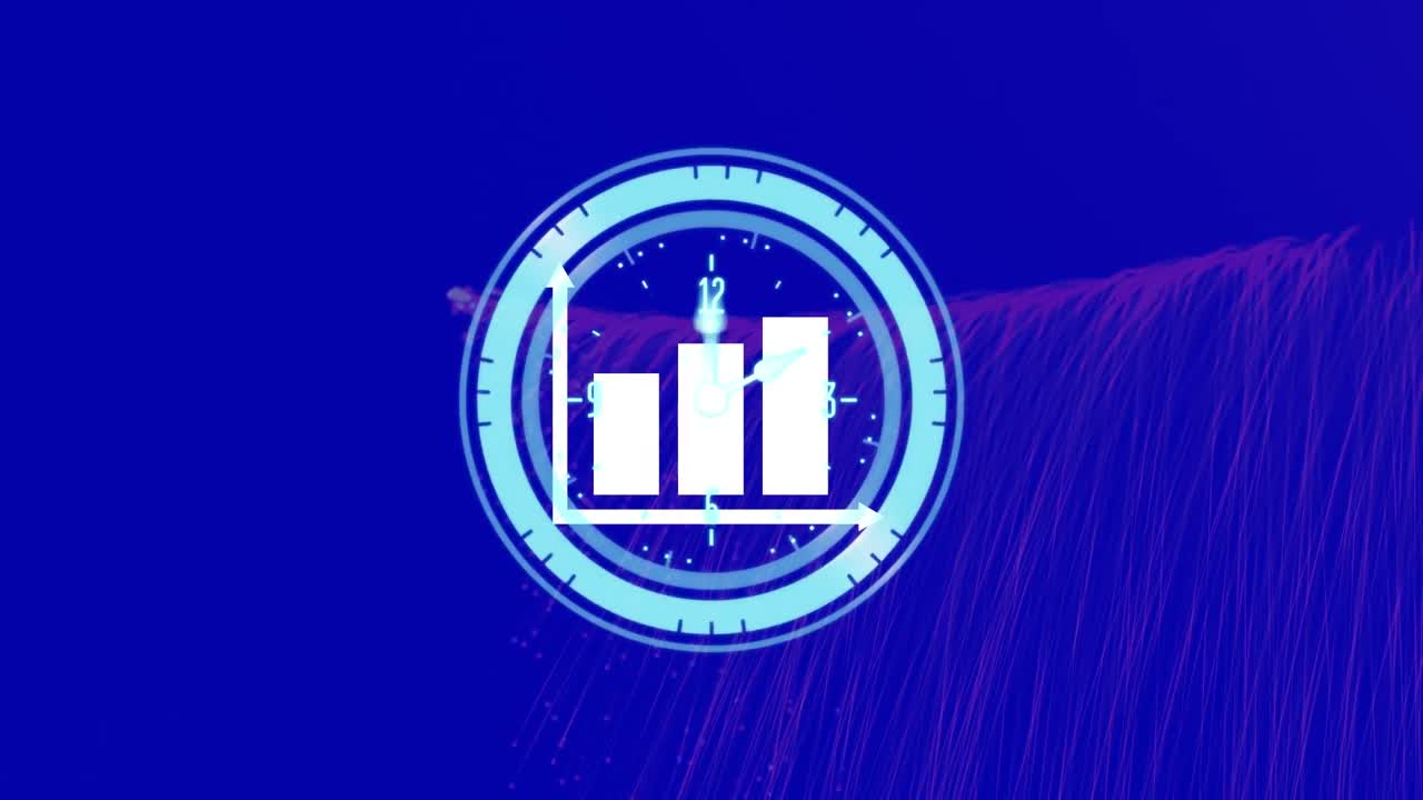 Animation of graph and moving clock over light trails on blue background