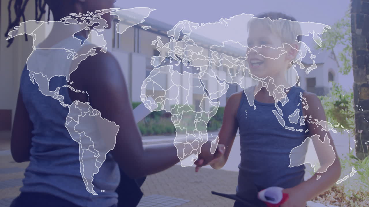 Shaking hands, two people with world map animation, standing outside