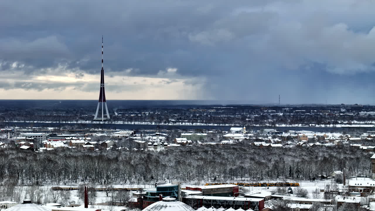 Drone capture of Riga Radio and Television Tower in wintertime Latvia