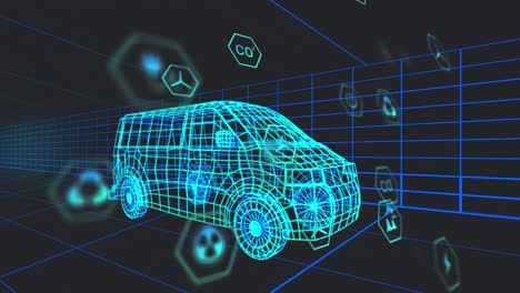 Animation-Mehrerer-Digitaler-Symbole-über-Einem-3D-Transportermodell,-Das-Sich-In-Einem-Nahtlosen-Muster-In-Einem-Tunnel-Bewegt