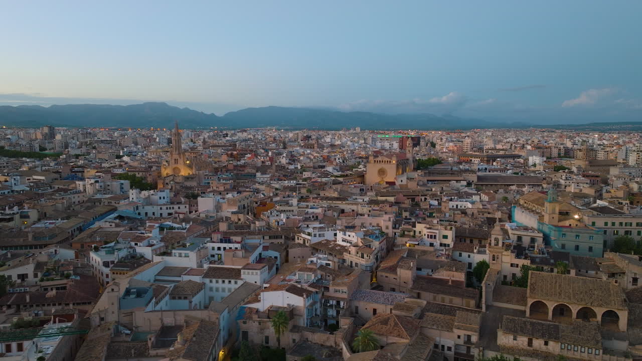 Aerial view of a city in Spain at dusk