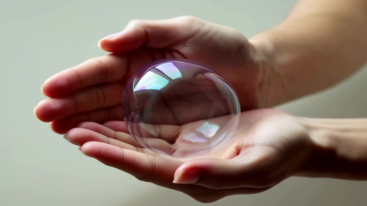 Close-up scene of two cupped hands supporting single soap bubble while fingers curve inward above it, creating careful enclosure, delicate balance, soft reflections, and calm minimal studio mood