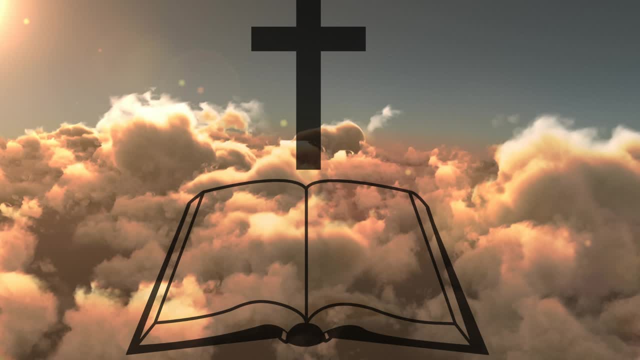Black cross over open book static while sun rising, clouds drifting, flares moving, evoking warmth