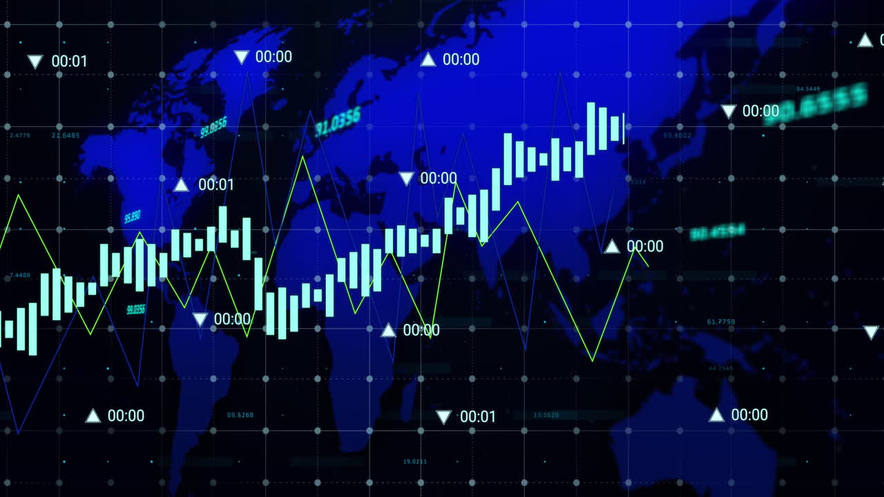 animación de múltiples gráficos con números cambiantes sobre el mapa contra un fondo negro