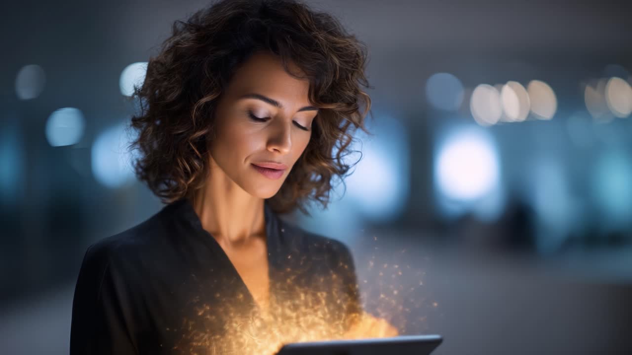 En kvinde interagerer med sin tablet, omgivet af en skinnende aura af lyspartikler, der udtrykker skæringspunktet mellem teknologi og menneskelig interaktion