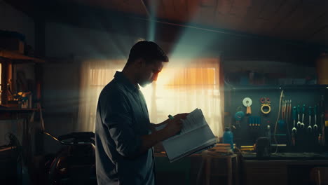 man reading a manual in a workshop with dramatic light rays